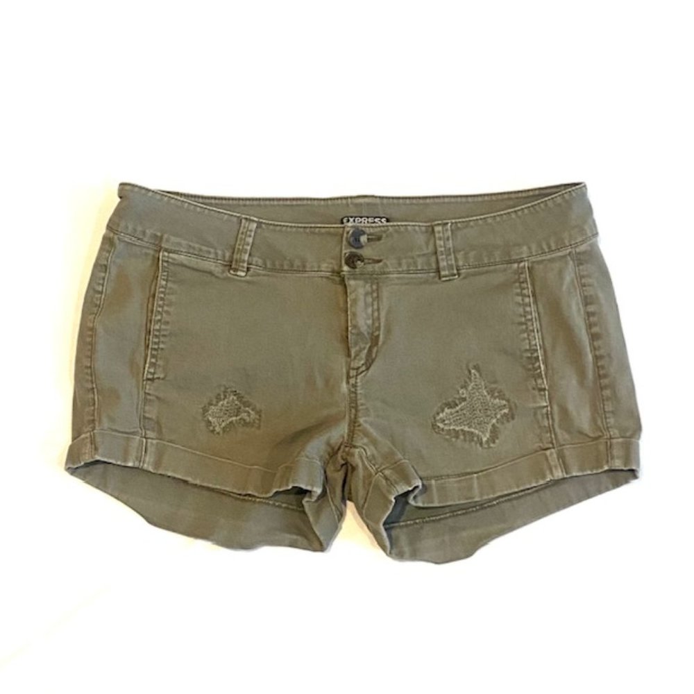 Express Shorts + Green + Distressed + Size 8